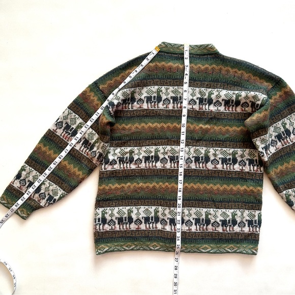 VTG ANDINA 100% ALPACA LLAMA PRINT GREEN MOCK-NECK BUTTON FRONT CARDIGAN SzM/L - Picture 13 of 13
